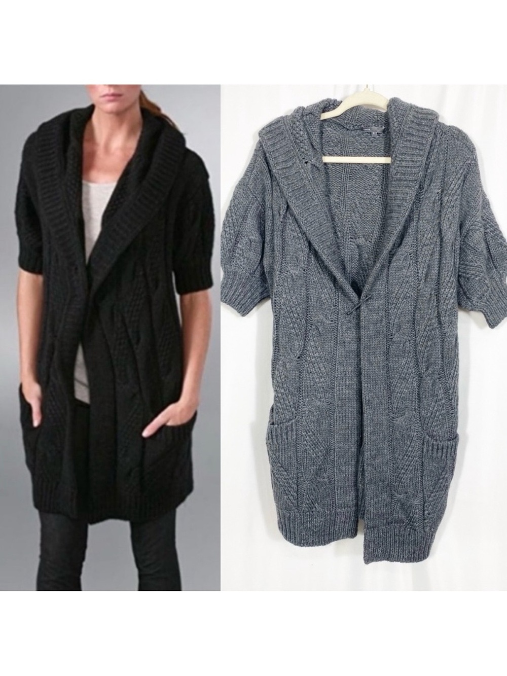 Vince Stella Alpaca Wool Cable Knit Hooded Duster Cardigan: Heathered Grey